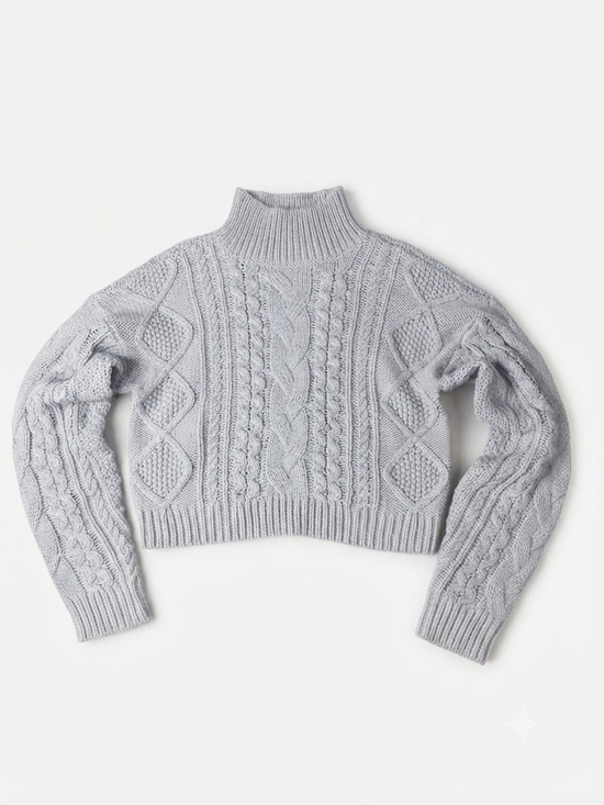 Cloth by RD Sweaters - Cloth by RD Mock Neck Cable Knit Cropped Sweater Light Blue Periwinkle Small